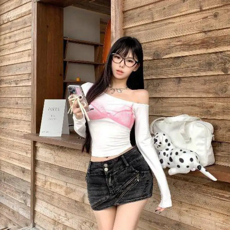 Cathy Dollette  Vintage Print T Shirt  Skinny Long Sleeve American Retro Streetwear Crop TopAutumn Graphic TopTee 2000s