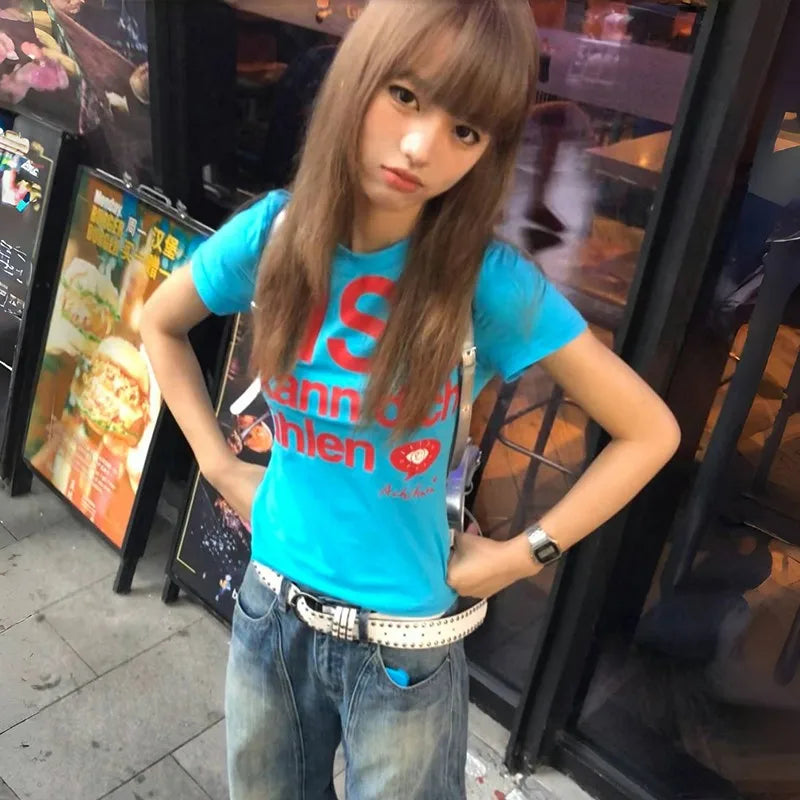 Cathy Dollette Japanese  Letter Print  Trashy 2000s Style Crop Top Vintage Harajuku Short Sleeve Tee Shirt American Retro 90s