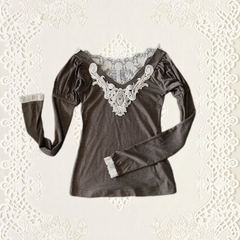 Cathy Dollette Japanese  Lace Patchwork TopVintage Harajuku Long Sleeve Knitted  Trashy 2000s Style Knitwear American 90s