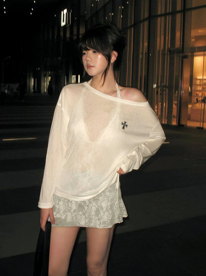 Cathy Dollette Korean Style T Shirt  Off Shoulder White Loose Shirring Tee TopSee Through  Japanses Print Tshirts Fairycore