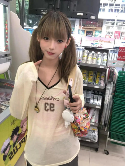 Cathy Dollette Korean Style Print   Long Sleeve Loose Casual TopSee Through  Japanese Tshirts 2000s Streetwear Tops