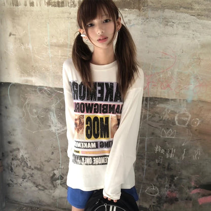 Cathy Dollette Japanese  Letter Print  2000s s Graphic Long Sleeve Tshirt Vintage Harajuku Streetwear American Retro