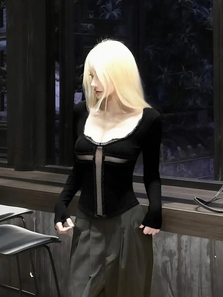 Cathy Dollette Patchwork Cross Hollow Out 's  Long Sleeve Gothic Spring Autumn TopTees Female Clothing 2000s Clothes