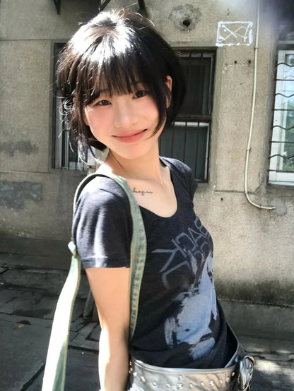 Cathy Dollette  Vintage Print T Shirt  Short Sleeve  2000s TopJapanese Streetwear Grunge TopTee E-girls Summer