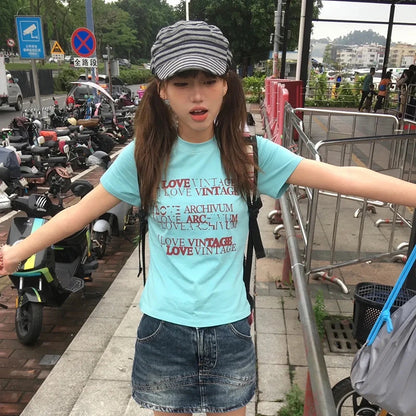 Cathy Dollette Japanese  Letter Print  Trashy 2000s Style Crop Top Vintage Harajuku Short Sleeve Tee Shirt 90s American Retro