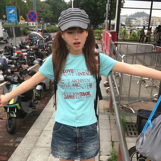 Cathy Dollette Japanese  Letter Print  Trashy 2000s Style Crop Top Vintage Harajuku Short Sleeve Tee Shirt 90s American Retro