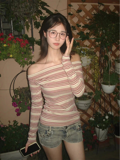 Cathy Dollette Vintage T Shirt  Striped Off Shoulder Crop Top Japanese 2000s Tee TopFemale Streetwear E-girls Tshirts