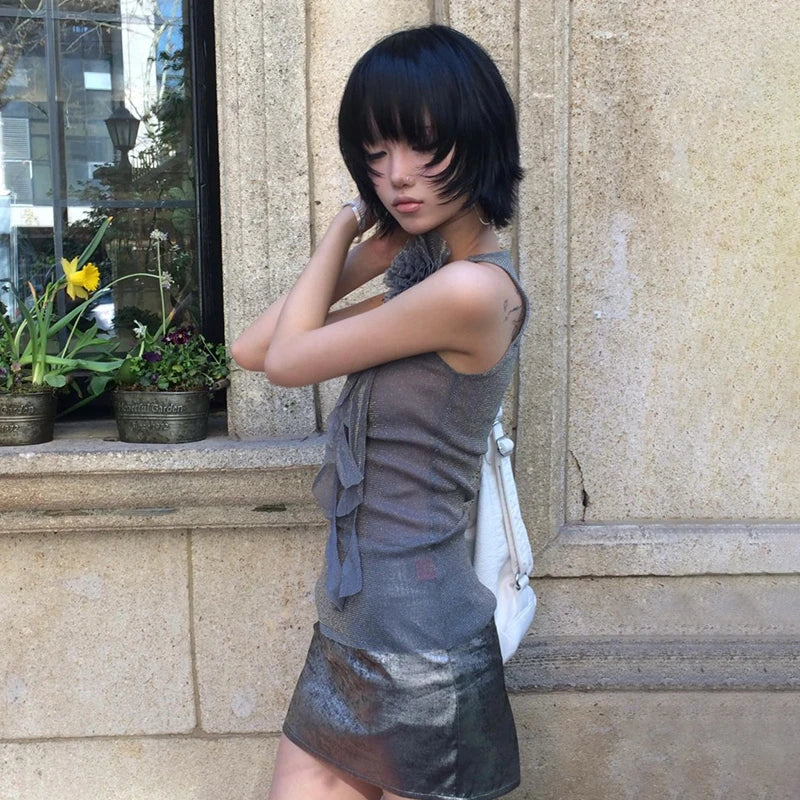 Cathy Dollette Japanese  Mesh Tank Top Trashy 2000s Style Sleeveless TopVintage Harajuku Flower Irregular Tanktop Fairy s