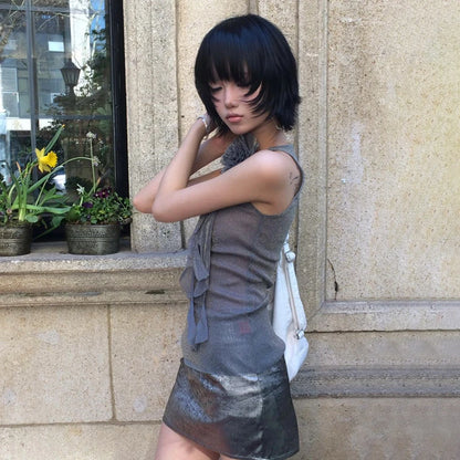 Cathy Dollette Japanese  Mesh Tank Top Trashy 2000s Style Sleeveless TopVintage Harajuku Flower Irregular Tanktop Fairy s