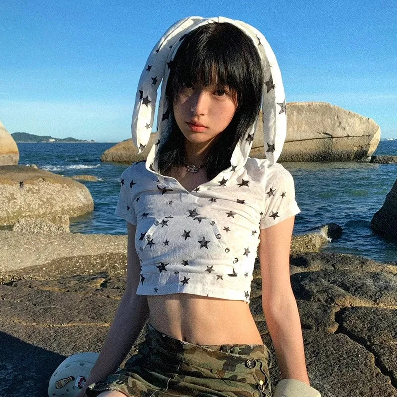 Cathy Dollette Japanese  Hooded  Vintage 2000s Style Rabbit Ears TopHarajuku Star Print Short Sleeve T Shirt Korean Popular