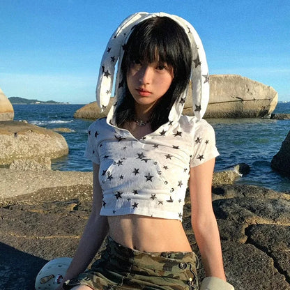 Cathy Dollette Japanese  Hooded  Vintage 2000s Style Rabbit Ears TopHarajuku Star Print Short Sleeve T Shirt Korean Popular