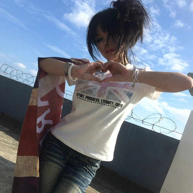 Cathy Dollette British Print T-shirt Grunge Short Sleeve Diamond Tshirt