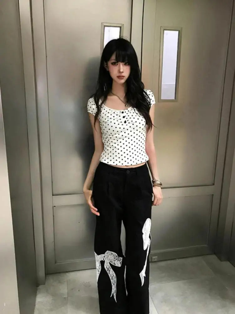 Cathy Dollette Polka Dot Short Sleeve  T Shirt Hotsweet 2000s Clothes  Korean Fashion Tees Female Clothing Slim Summer Tops