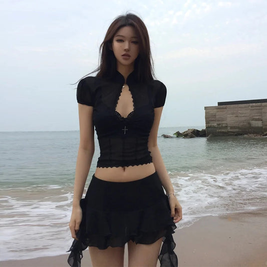 Cathy Dollette  Fairycore Two Piece Set For  Hollow Out Lace Mesh Shirt + Irregular Mini Shirts Vintage Skirt Sets Japanese