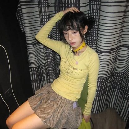 Cathy Dollette  s Yellow  2000s Japanese Harajuku Tee Shirt Grunge Letter Print Long Sleeve Tshirt E-girl Streetwear
