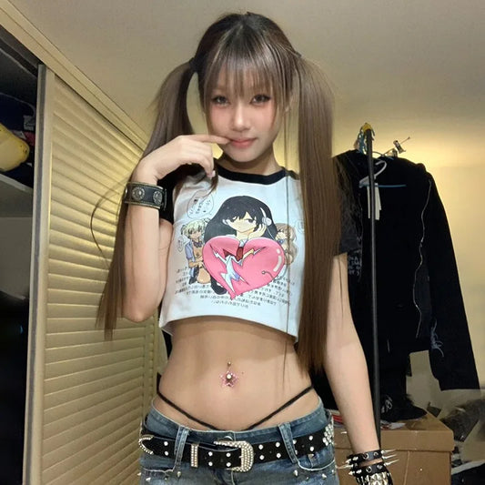 Cathy Dollette Japanese  Anime Print Crop Top Trashy 2000s Graphic T Shirts Harajuku Short Sleeve Patchwork  Korean Popular