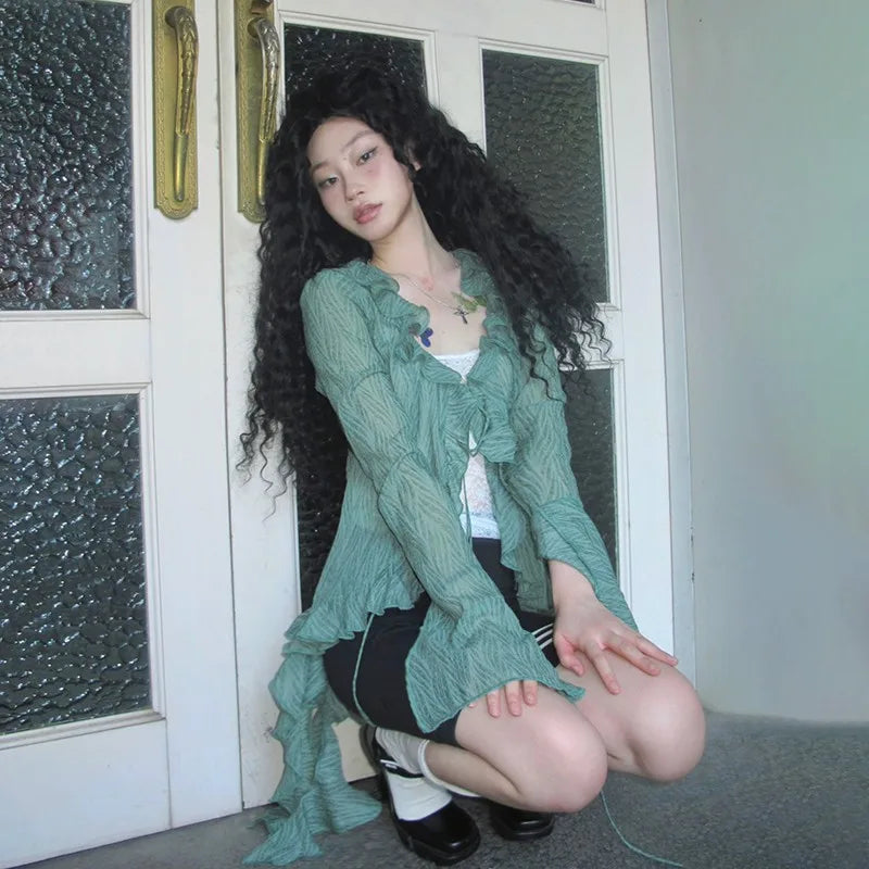 Cathy Dollette Japanese  Lace Shirt Vintage 2000s Style Ruffles Blouses Grunge s Irregular Green Shirts American Retro 90s