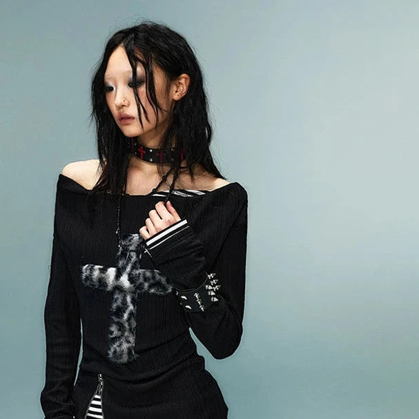 Cathy Dollette Grunge s Fake Two-piece TopTrashy  Long Sleeve Knitted TopWasteland Punk Patchwork TopGothic Vintage