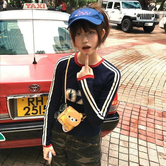 Cathy Dollette Japanese  Letter Print T Shirt Vintage Harajuku Long Sleeve Jersey  American Retro Streetwear 2000s s