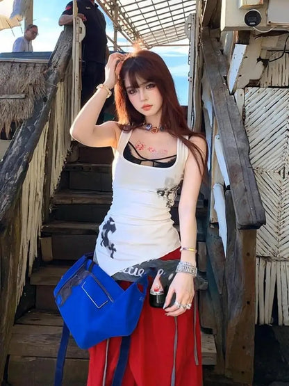 Cathy Dollette Hotsweet Two Piece Suit Tank TopPrint White Tanks Sleeveless Tshirt Summer Top2000s Clothes  Sexy Black Camisole