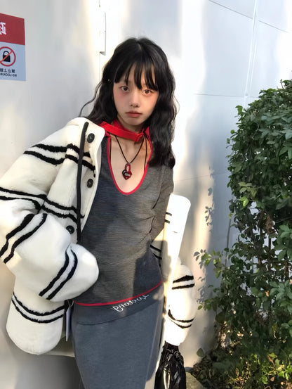 Cathy Dollette T Shirt  Striped Turn-down Collar Tee Top Retro Tshirts Streetwear Fashion Skinny TopPatchwork