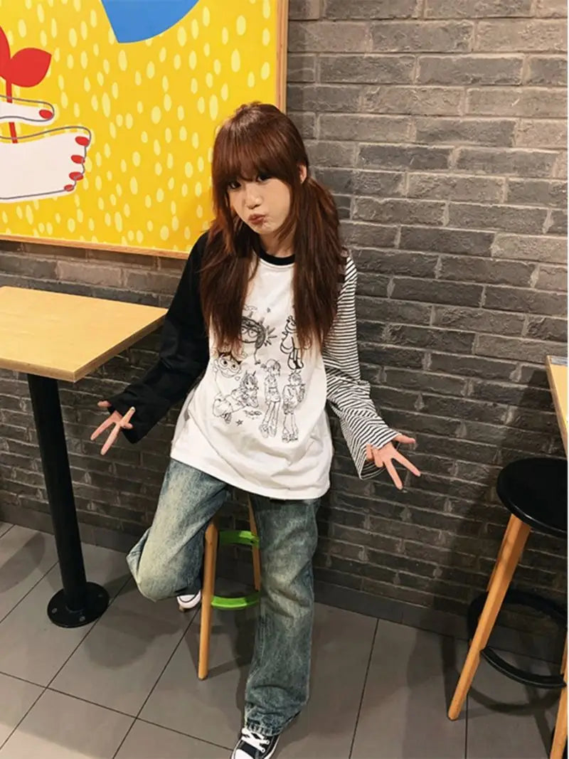 Cathy Dollette Graphic T Shirts 2000s Clothes  Korean Fashion Long Sleeve Loose Hotsweet Goth Autumn TopTees Female Print Chic