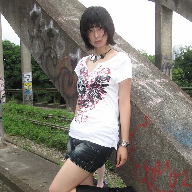 Cathy Dollette Japanese  Tattoo Print  Vintage Harajuku V-neck TopTrashy 2000s Style Short Sleeve Tee Shirt Grunge American