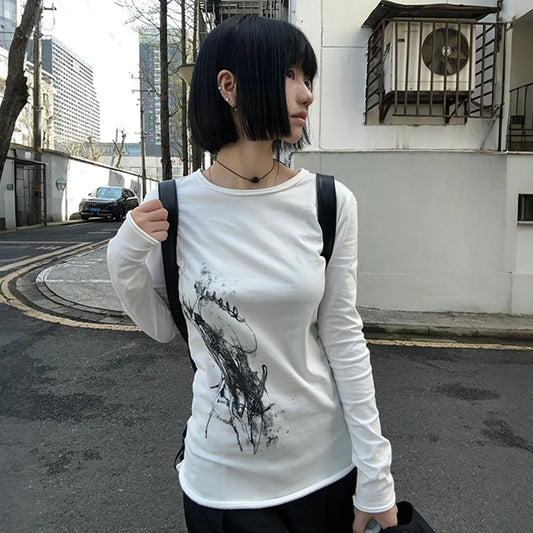 Cathy Dollette Trashy  Tattoo Print  Grunge s Long Sleeve Tee Shirt Vintage 2000s Style Streetwear American Retro