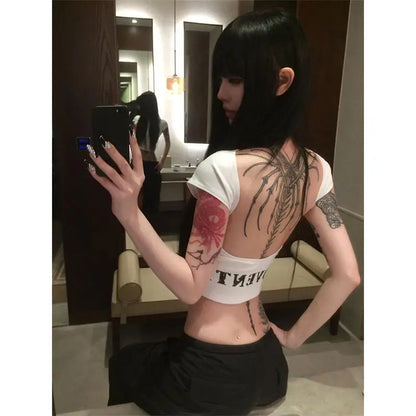 Cathy Dollette Hotsweet Backless Graphic T Shirts Short Sleeve Print Letter Summer TopSlim 2000s Clothes  Tees Female Clothing