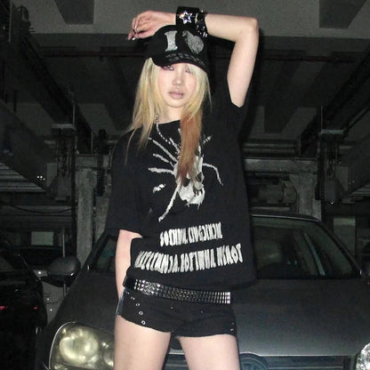 Cathy Dollette Grunge s Skull Print  Trashy 2000s Style Short Sleeve Tee Shirt Vintage  Gothic Streetwear American
