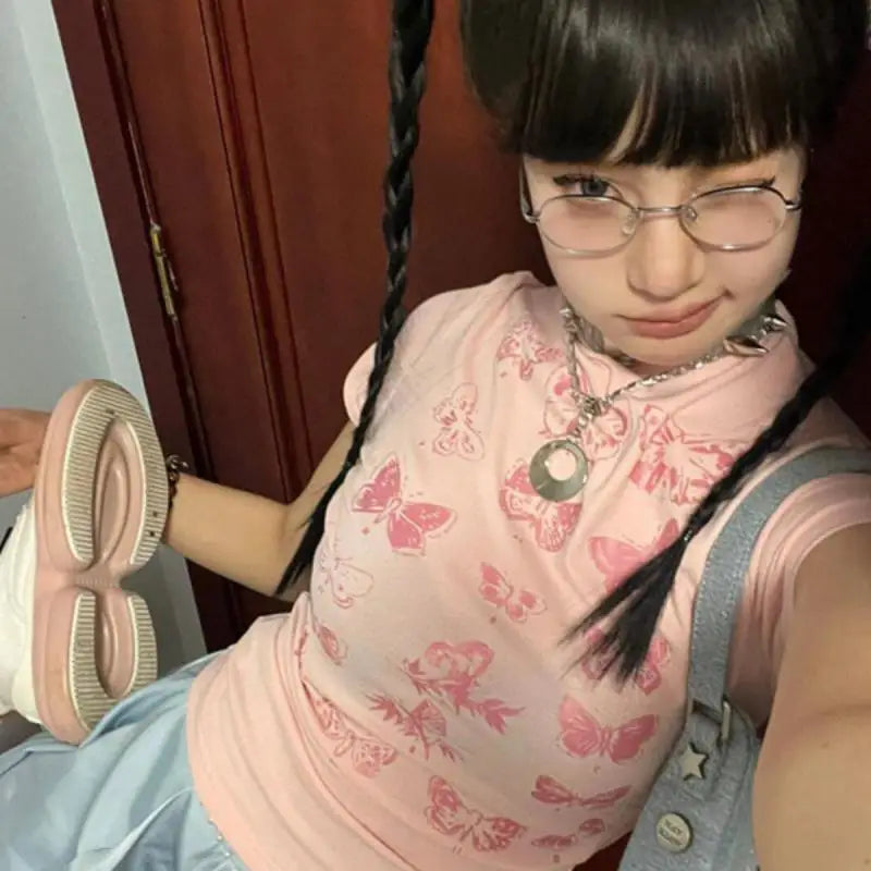 Cathy Dollette Korean Style Cotton T Shirt  Short Sleeve Butterfly  Vintage Top 2000s Pink Skinny Tshirts Summer