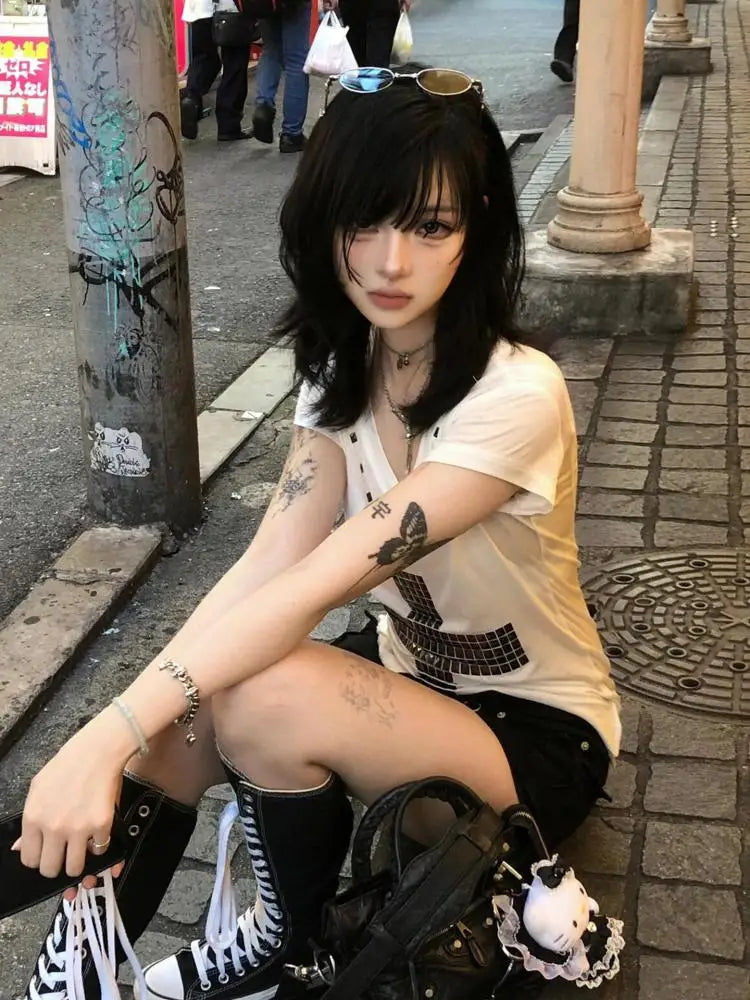 Cathy Dollette Patchwork V Neck Gothic Cross Graphic T Shirts Woman Clothes 2000s  Summer TopTees Female Clothing Japan Style Goth