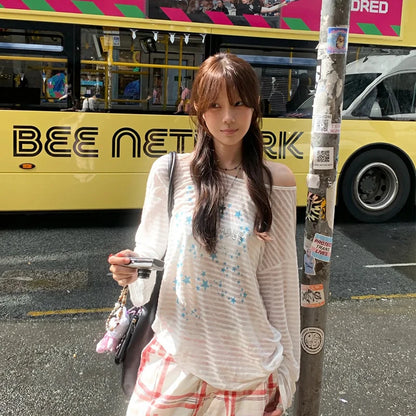 Cathy Dollette Harajuku Print Star   Long Sleeve Loose Casual Shirts See Throught  Japanese Fairycore Tshits Grunge