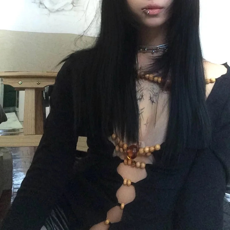 Cathy Dollette Japanese  Hollow Out TopVintage Harajuku Beaded T Shirt 2000s s Long Sleeve Slim s American Retro