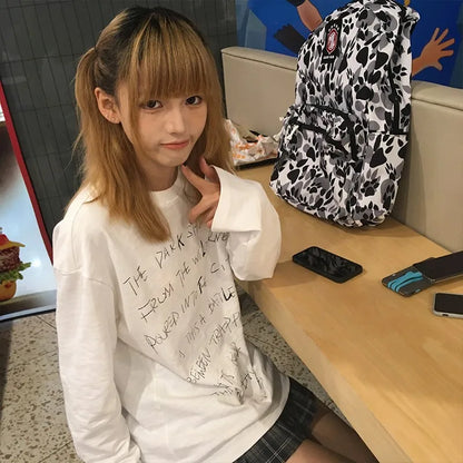 Cathy Dollette Japanese  Letter Print  Trashy 2000s Style Long Sleeve Tee Shirt Vintage Harajuku White Top American Retro 90s