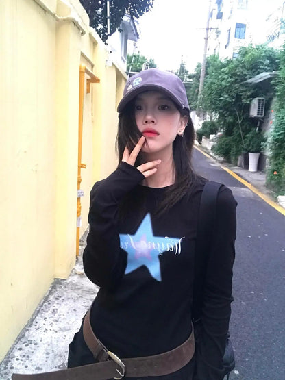 Cathy Dollette Harajuku Print Graphic Top Long Sleeve Black  Streetwear  Japanese Grunge TopAmerican Retro