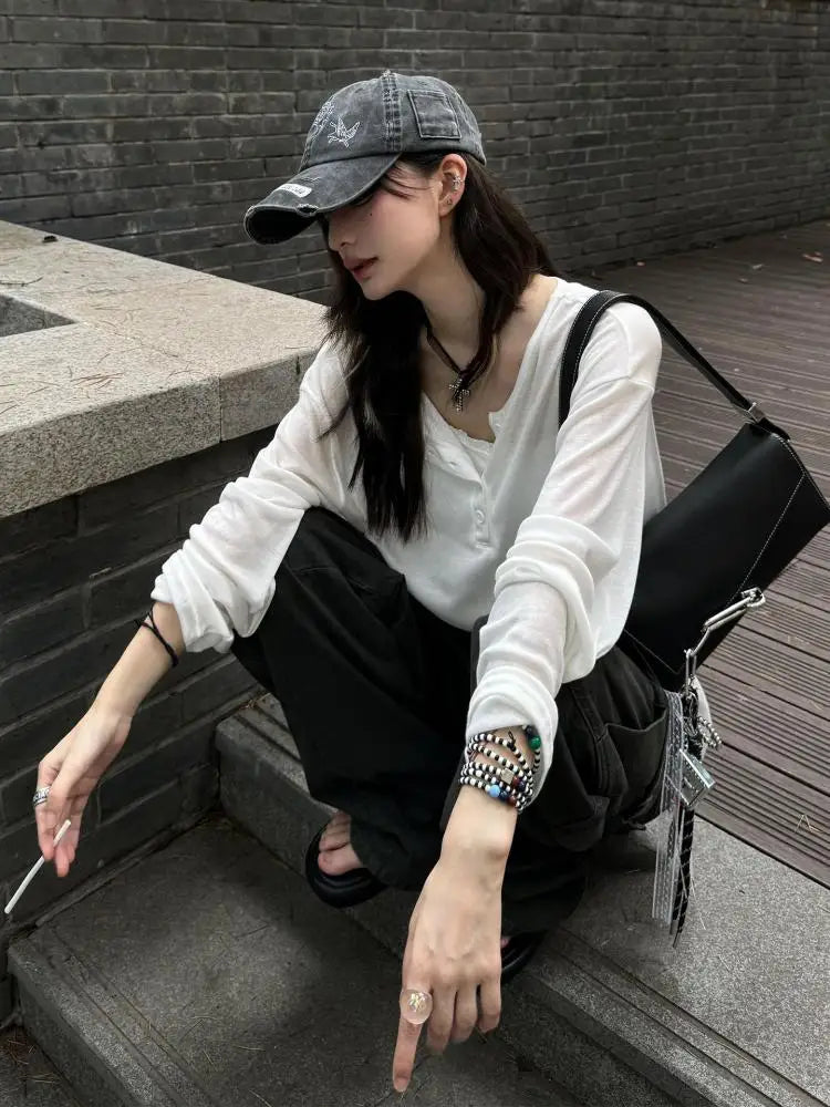 Cathy Dollette Hotsweet Loose Solid 's  See Through Long Sleeve Autumn TopKorean Fashion 2000s Clothes  Tees Female