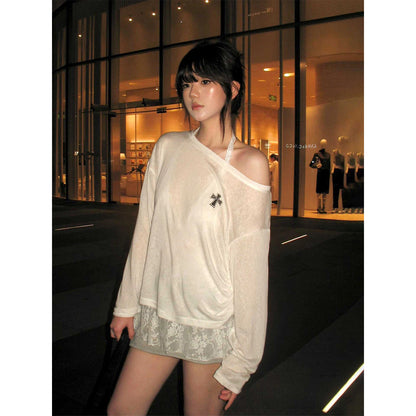 Cathy Dollette Korean Style T Shirt  Off Shoulder White Loose Shirring Tee TopSee Through  Japanses Print Tshirts Fairycore