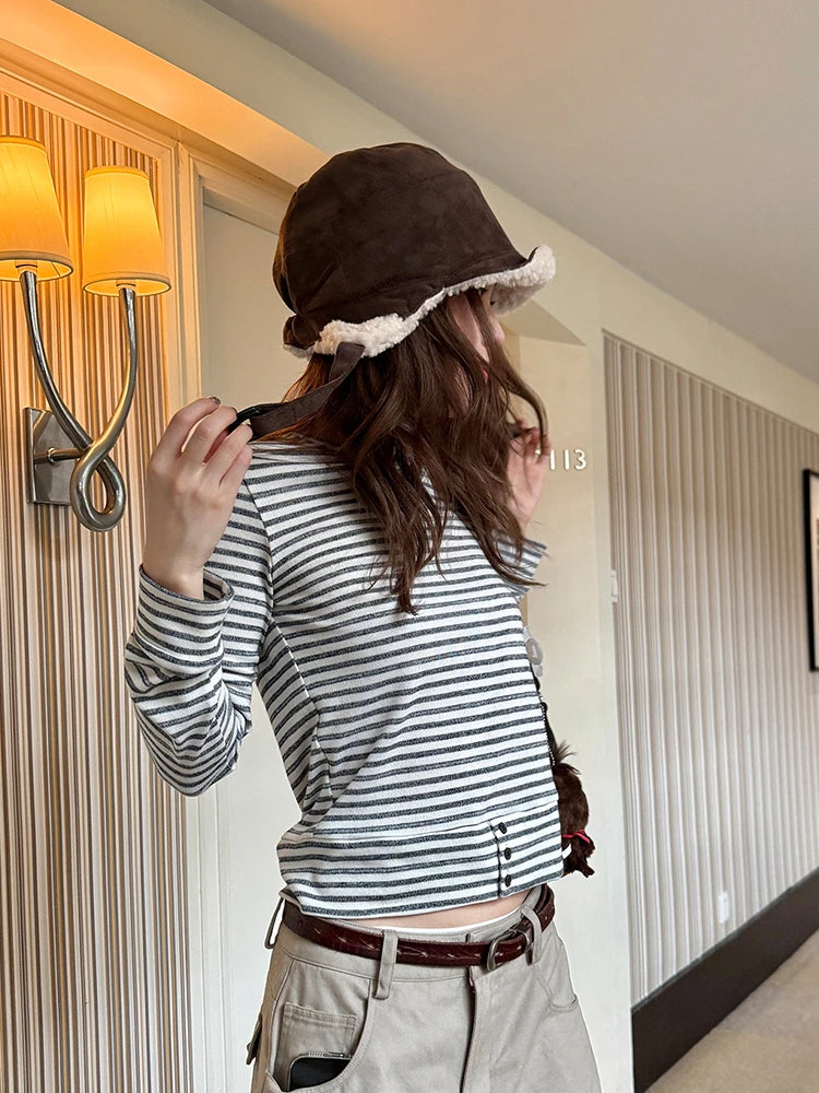 Cathy Dollette Japanese    Long Sleeve Striped Crop TopKorean Style Grunge Top2000s  Tshirts Streetwear