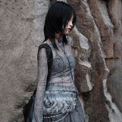 Cathy Dollette Grunge s Mesh TopJapanese  Sheer TopVintage Harajuku See Through Crop Top Korean Fashion Tie Dye