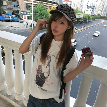Cathy Dollette Japanese  Anime Print  Trashy 2000s Style Short Sleeve Tshirt Vintage Harajuku White Loose TopAmerican Retro
