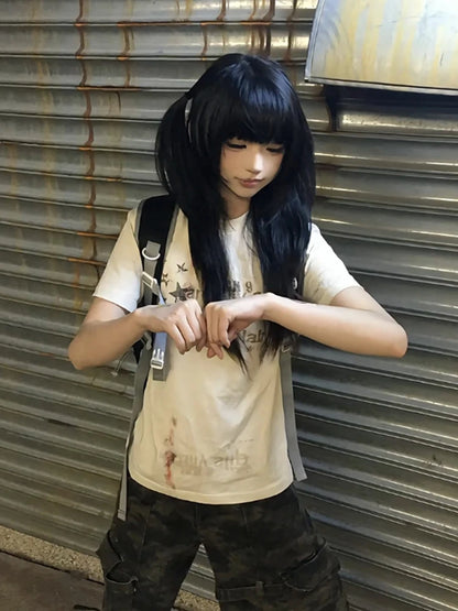 Cathy Dollette  Japanese Print   Short Sleeve Cotton Graphic Top  2000s Grunge TopCasual Tshirt