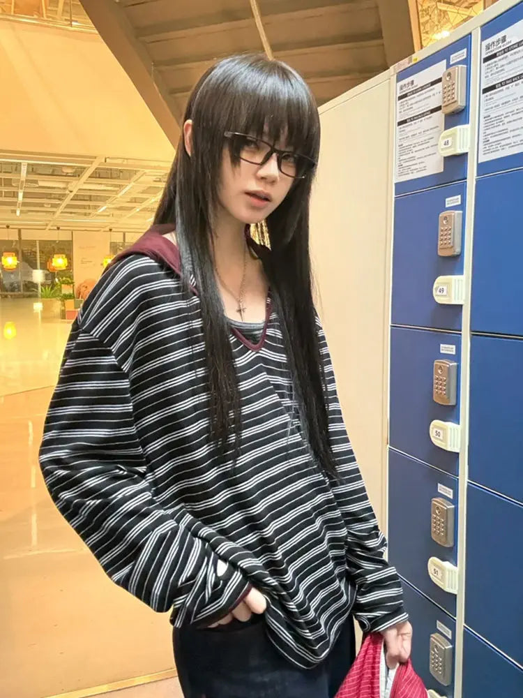 Cathy Dollette American Retro Striped   Casual Loose Hooded Tee TopV-neck  Grunge TopJapanese 2000s Tops