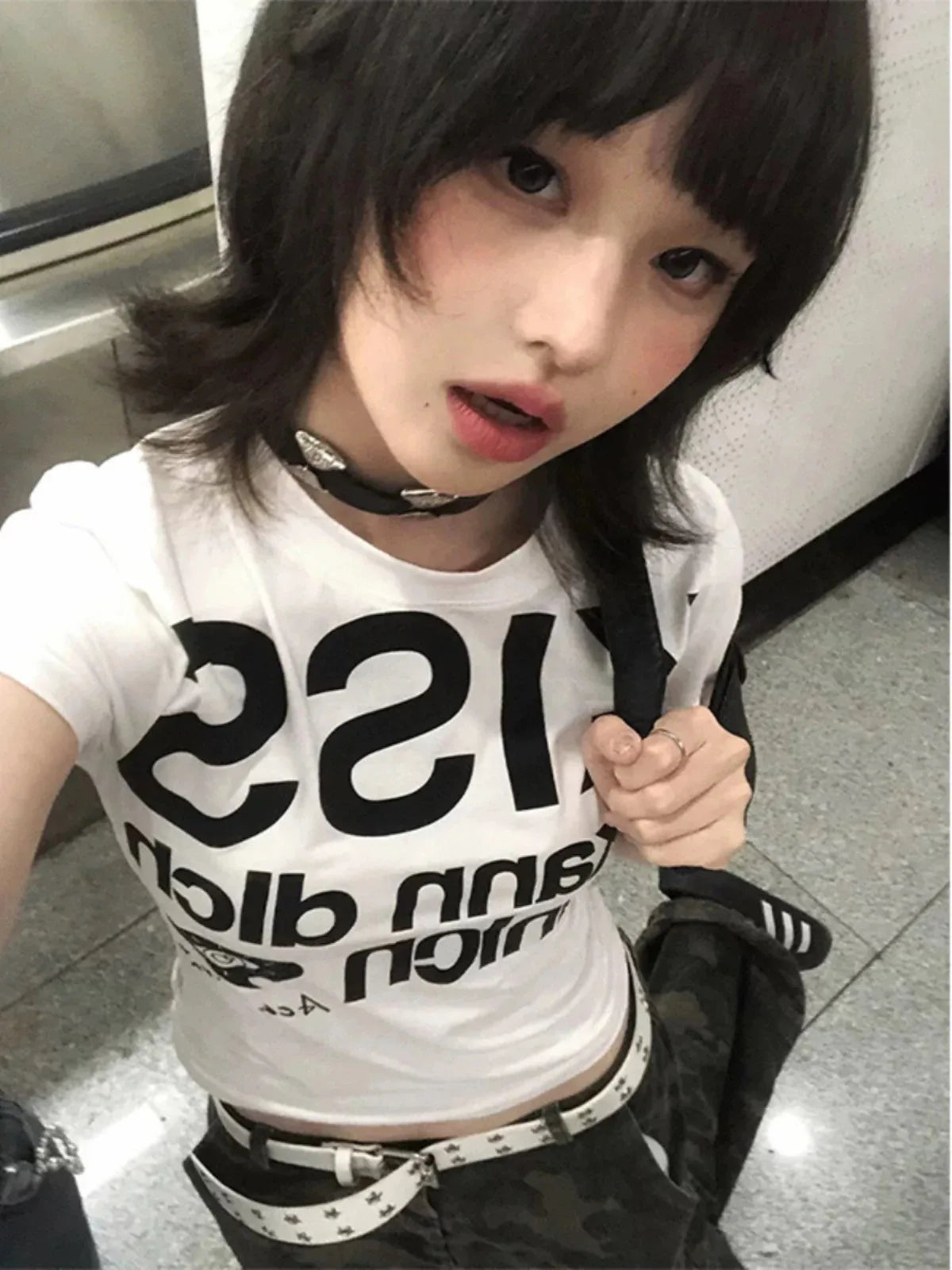 Cathy Dollette  Print Letter T Shirt  Skinny Short Sleeve Japanese 2000s Crop TopGrunge TopAmerican Retro Tshirts