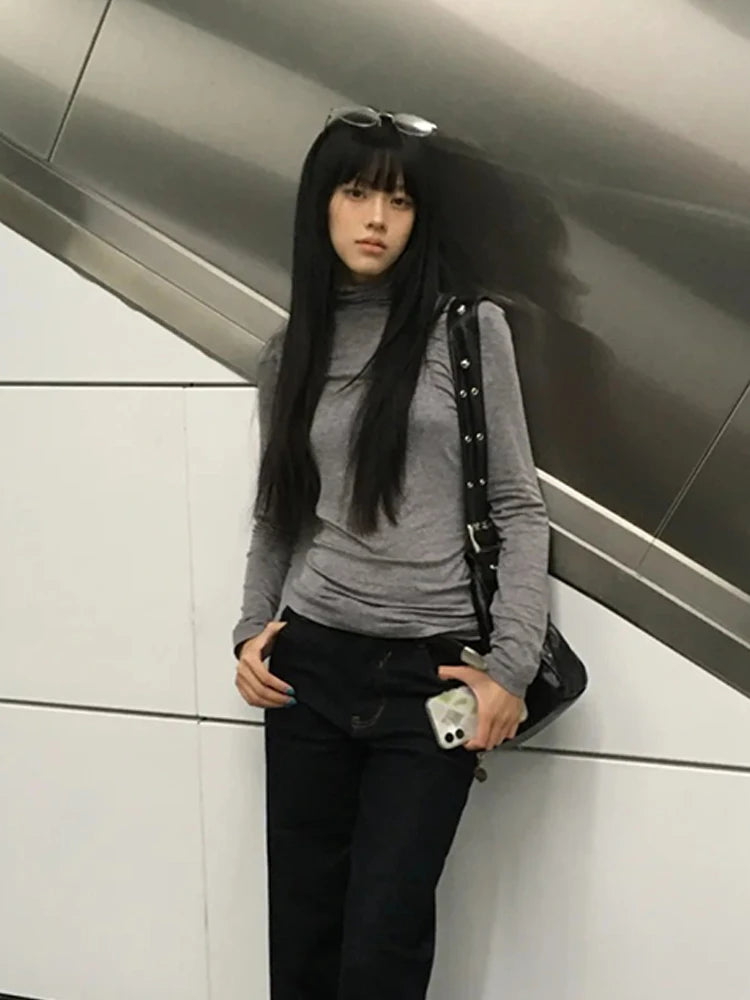 Cathy Dollette Harajuku   Turtleneck Slim Crop Top Japanese Tshirts Streetwear Korean Style Tee Top2000s