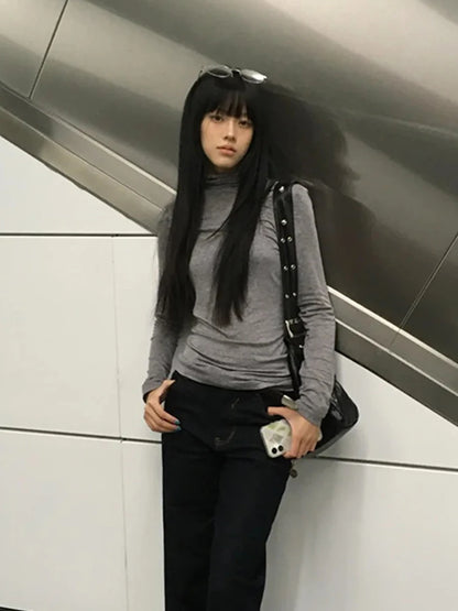 Cathy Dollette Harajuku   Turtleneck Slim Crop Top Japanese Tshirts Streetwear Korean Style Tee Top2000s