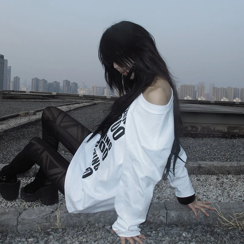 Cathy Dollette Grunge s Letter Print  Trashy 2000s Style Long Sleeve T Shirt Japanese  White Loose TopAmerican 90s