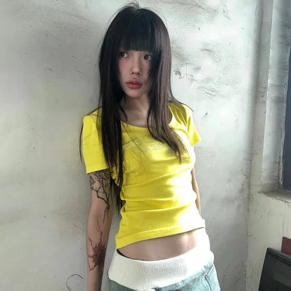 Cathy Dollette Japanese  Rhinestones  Vintage Harajuku Diamond Letter Print T Shirts Trashy 2000s s Yellow Crop Top