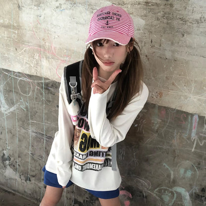 Cathy Dollette Japanese  Letter Print  2000s s Graphic Long Sleeve Tshirt Vintage Harajuku Streetwear American Retro