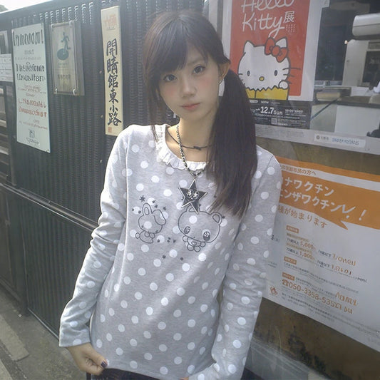 Cathy Dollette Japanese  Lace Patchwork TopVintage Harajuku Cartoon Print  2000s Kawaii Long Sleeve Polka Dot T Shirt Cute